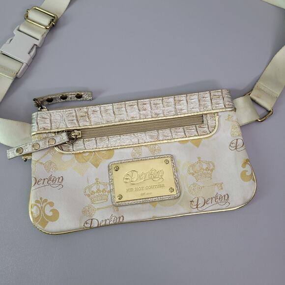 Dereon Hip Hop Culture Gold Canvas logo Crossbody Bag Zip Satin Lined Y2k - Picture 1 of 14